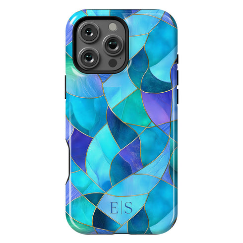 Custom Initials Blue Abstract Stained Glass iPhone Case